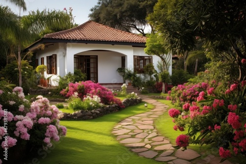 Beautiful villa with flowering plants in the garden and stone path to the house