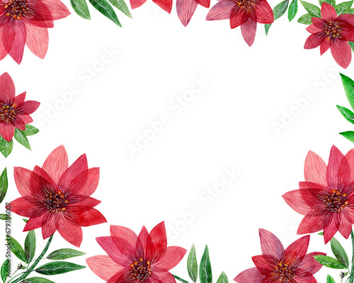 Bright red flowers. Floral rectangular frame. Ideal for cards and invitations