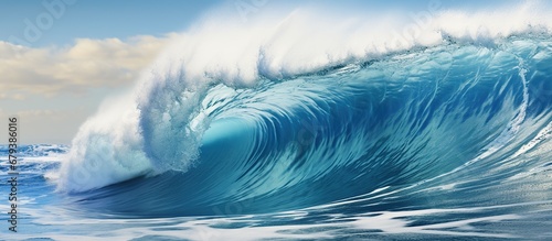 Beautiful huge sea waves with foam of blue and turquoise color with clear sky. © orendesain99