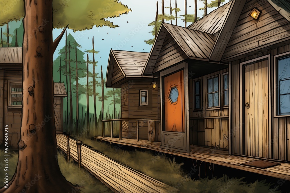 close-up of cabins handcrafted wooden details, magazine style illustration