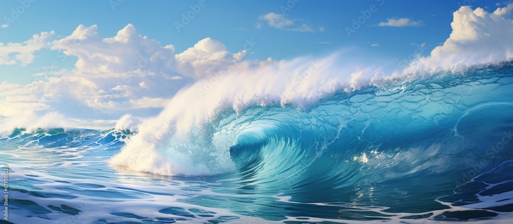 Huge sea waves with foam of blue and turquoise color with clear sky.