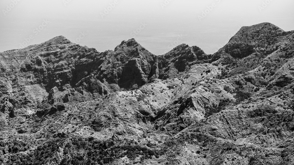 The Anaga massif (Macizo de Anaga). Natural landscape of the north of Tenerife. Canary Islands. Spain. Black and white.