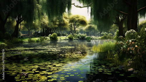 A serene pond surrounded by weeping willow trees and water lilies.