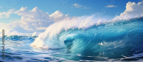 Huge sea waves with foam of blue and turquoise color with clear sky. © orendesain99