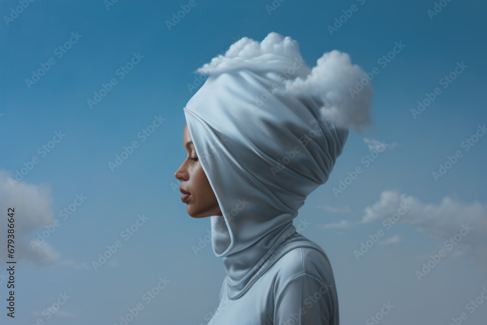 Young woman with clouds over her head, concept of mental health, depression, emotions. Young woman with clouds over her head, concept of mental health, depression, emotions.