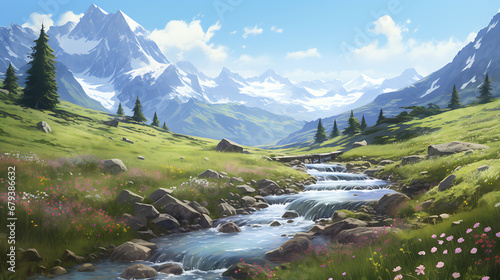 A tranquil alpine meadow with wildflowers and a clear mountain stream.