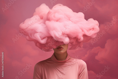 Young woman with pink pastel clouds over her head, concept of mental health, depression, emotions. © Jasmina