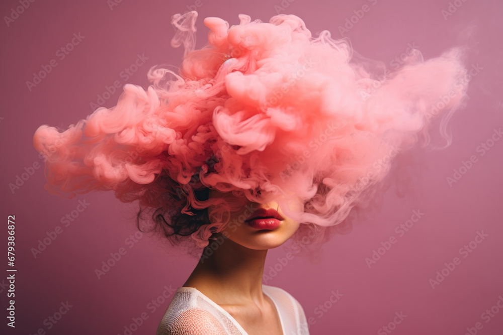Young woman with pink pastel clouds over her head, concept of mental health, depression, emotions.