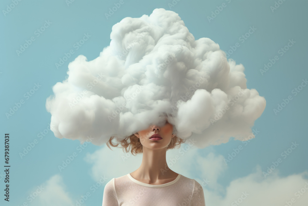 Young woman with clouds over her head, concept of mental health, depression, emotions. Young woman with clouds over her head, concept of mental health, depression, emotions.