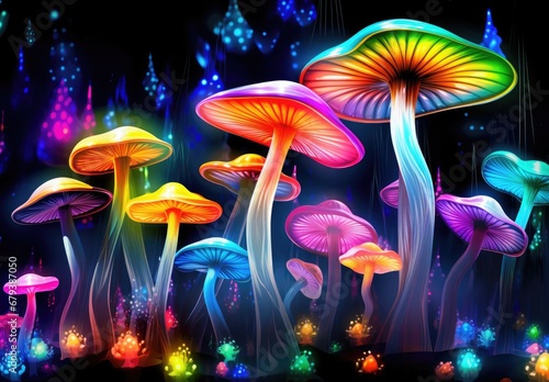 A family of magic mushrooms glowing with neon light on a black background. Surreal lamellar mushroom. Fantasy illustration for banner, poster, cover, brochure or presentation.