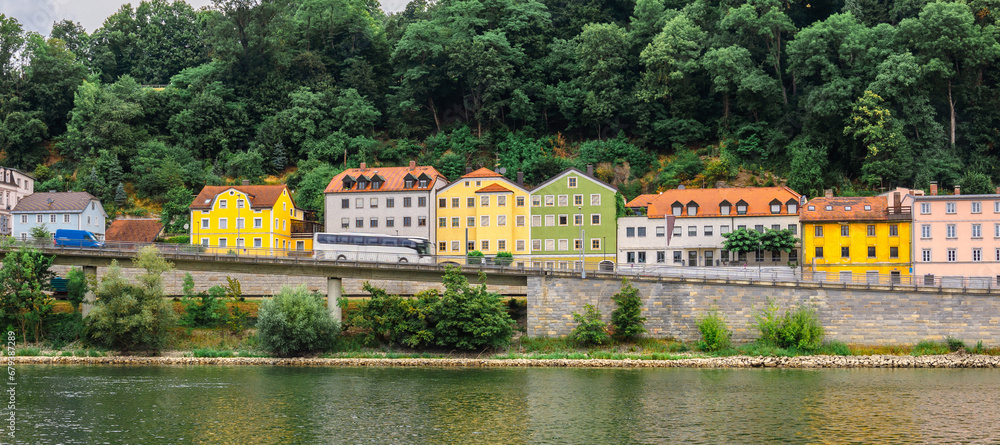 Panoramic view of colorful row of houses at river Danube, Passau, Bavaria, Germany. High quality photo