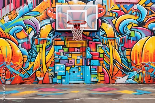 vibrant graffiti on abandoned asphalt basketball court walls photo