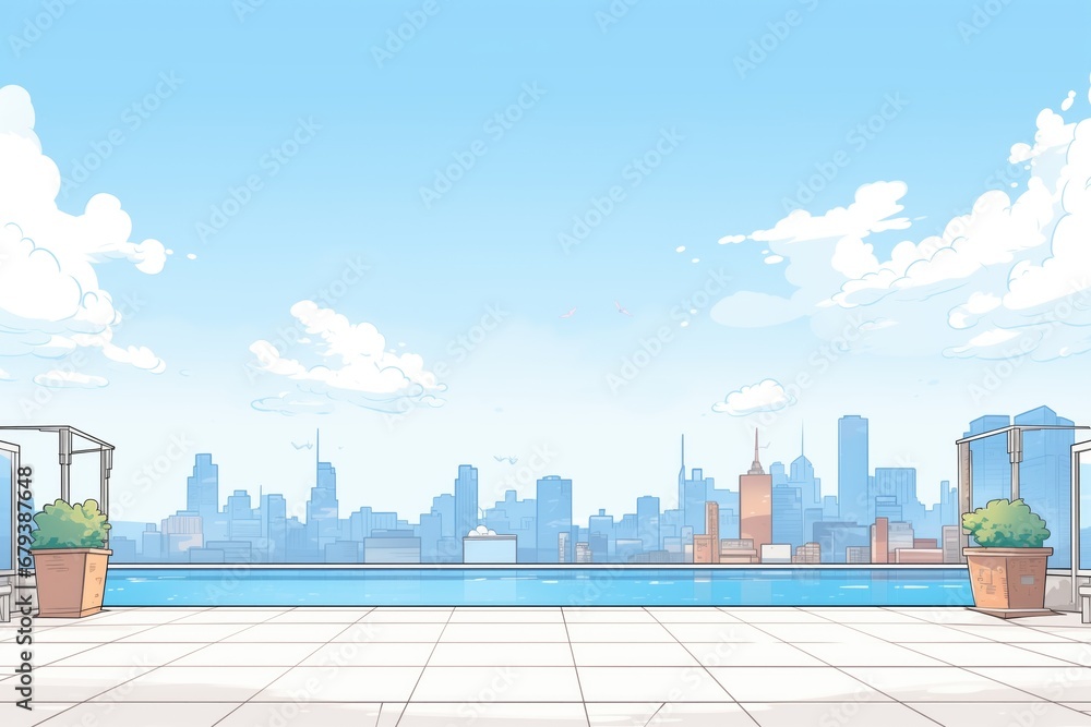 wide shot of empty rooftop infinity pool with cityscape background