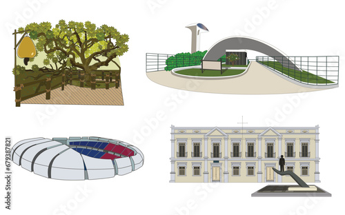 Iconic Places of the City of Natal, Rio Grande do Norte, Brazil. This vector set contains a famous museum, a park, a football arena and the largest cashew tree in the world. photo