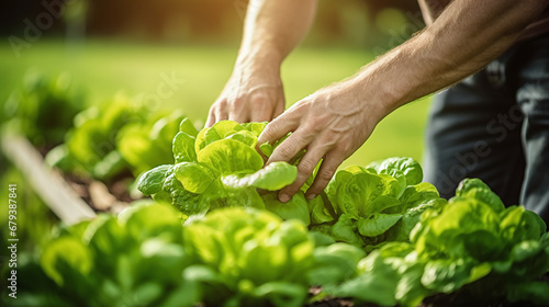 hands pick some fresh lettuce out of a vegetable patch photo