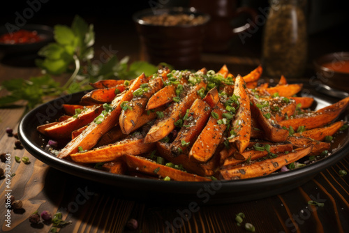 A plate of loaded sweet potato fries, topped with a savory blend of spices and herbs. Concept of elevated fry experience. Generative Ai.