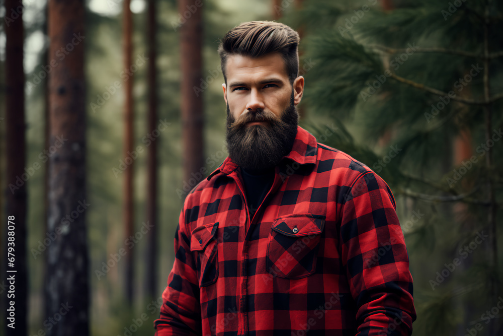 Bearded handsome lumberjack in a forest, clad in a red checked shirt. Bright image. 