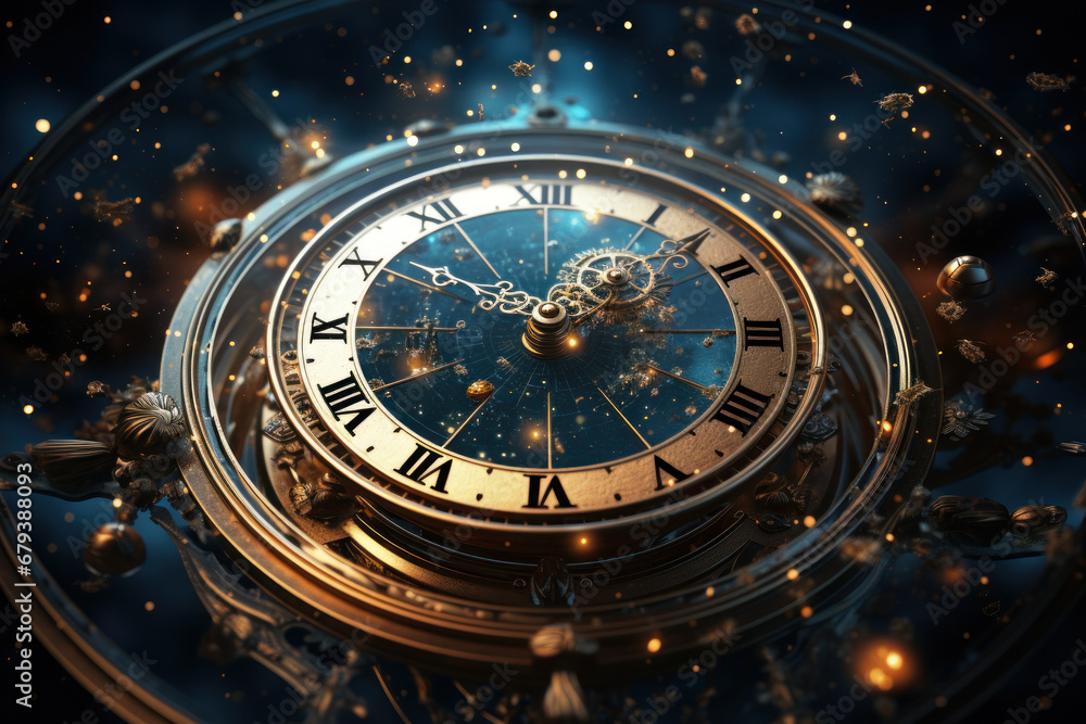 A celestial scene with stars arranged in the shape of a clock, showcasing the cosmic dance of time. Concept of time in the universe. Generative Ai.