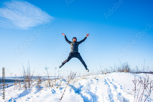 happy handsome caucasian man celebrating outdoors mindfulness