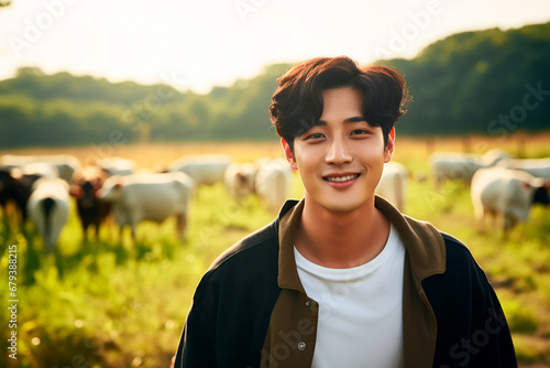 Portrait of a joyful young Asian farmer in a field with cows. Selective focus on the person. 