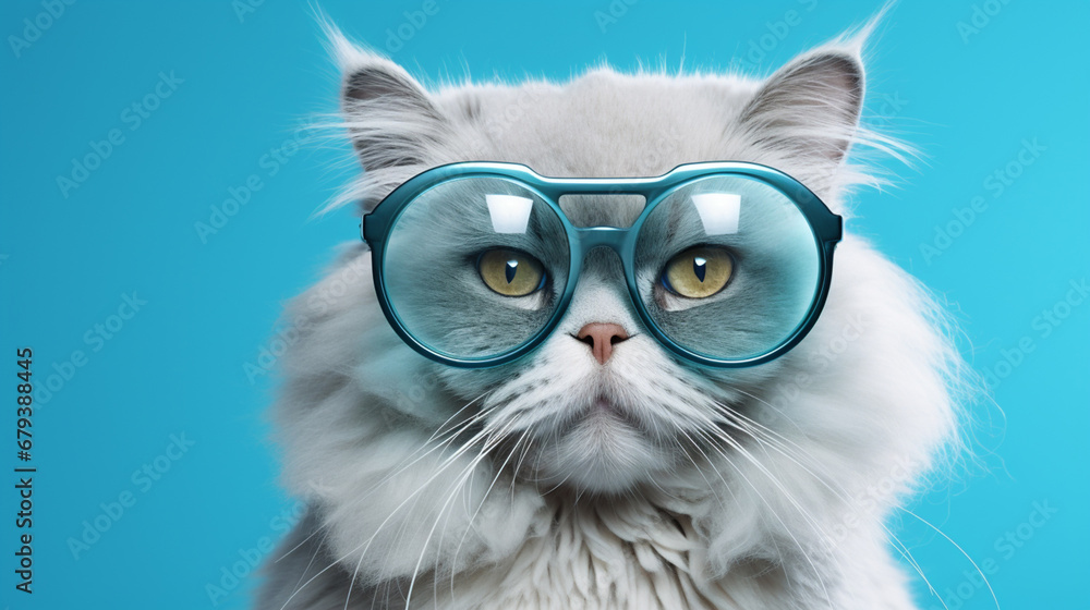 Cat wearing blue sunglasses on blue background, generative AI