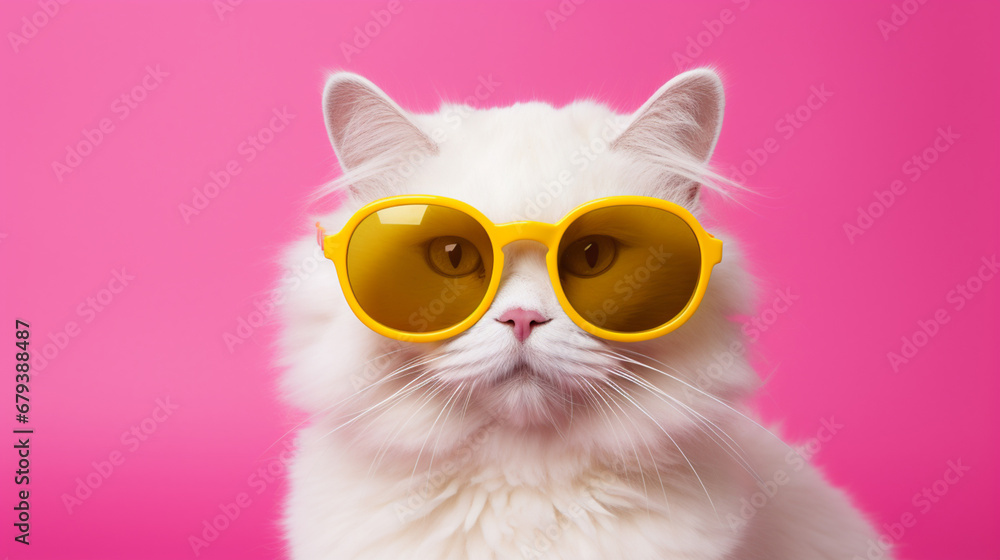 White cat with yellow glasses on pink background, generative AI
