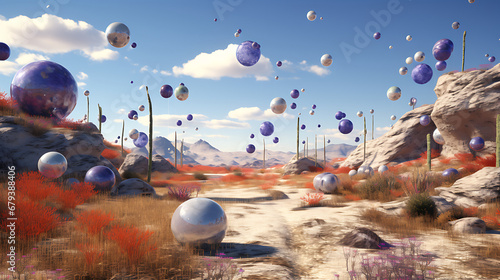 A wallpaper featuring sim sim balls in a surreal, dreamlike landscape.