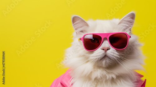 Stylish cat wearing pink glasses and pink jacket on yellow background, generative AI