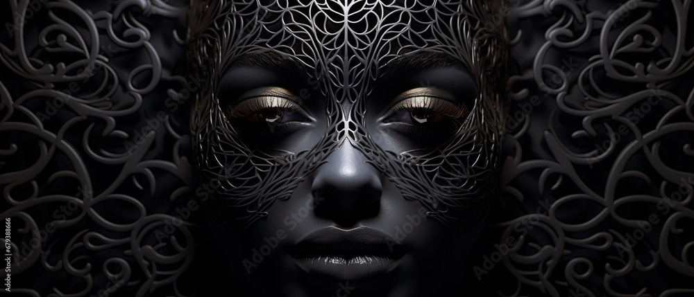 portrait of a woman with makeup and shinny detailed lips .A mask and background made of Back on Black texture