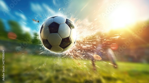 Soccer ball is flying fast, a blurred soccer field in the background © brillianata