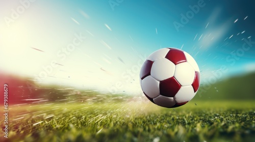 Soccer ball is flying fast, a blurred soccer field in the background