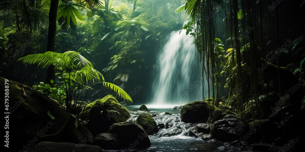 misty waterfall in a tropical jungle, foliage framing the scene, soft light filtering through the mist