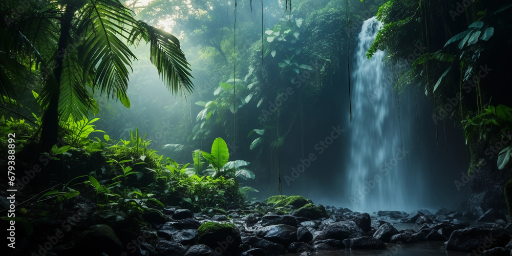 misty waterfall in a tropical jungle, foliage framing the scene, soft light filtering through the mist misty waterfall in a tropical jungle, foliage framing the scene, soft light filtering through the mist