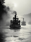 Black and white photo, vintage steamboats navigating through a misty river, haunting, moody atmosphere, fog rolling in