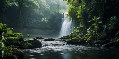 misty waterfall in a tropical jungle, foliage framing the scene, soft light filtering through the mist