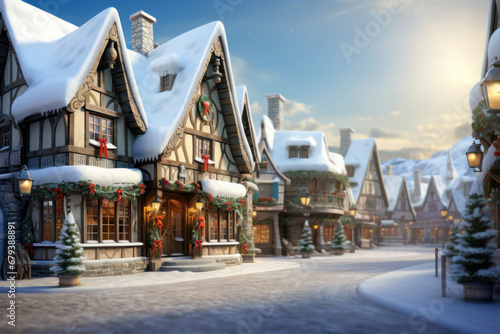 A charming holiday village with quaint houses, snow-covered rooftops, and a central town square adorned with a towering Christmas tree. Generative Ai.