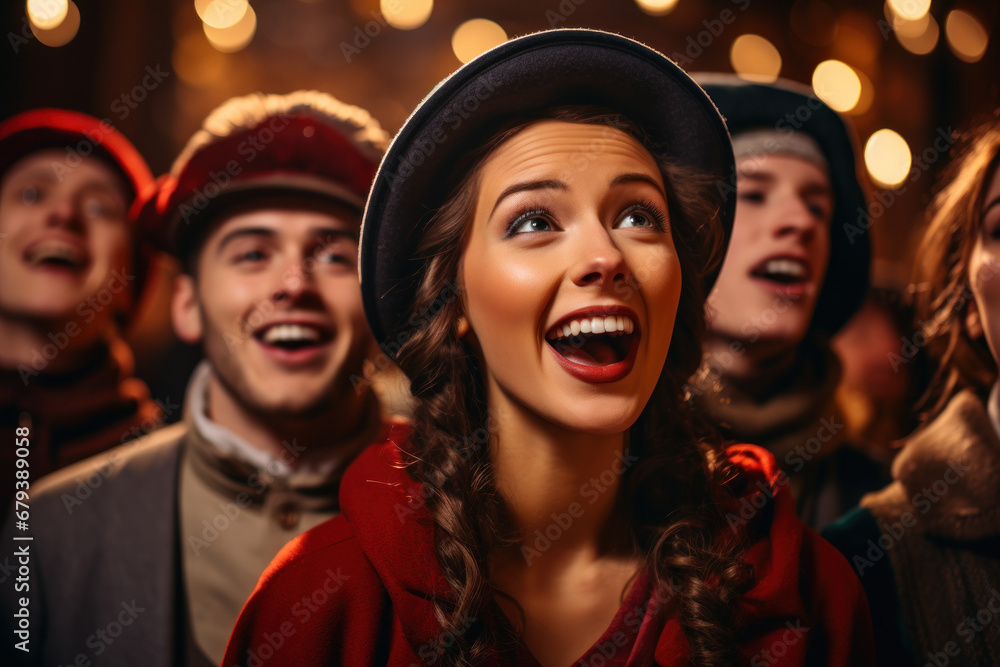 A joyful group of carolers singing classic Christmas songs under a starry night sky, spreading the joy of the season through music. Generative Ai. A joyful group of carolers singing classic Christmas songs under a starry night sky, spreading the joy of the season through music. Generative Ai.