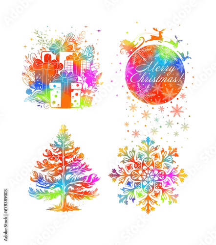 Merry Christmas and Happy New Year design. Colored Christmas gifts. hand drawing. Not AI. Vector illustration