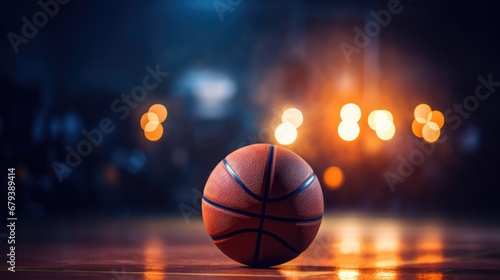 Basketball on court floor, close up with blurred arena in background photo