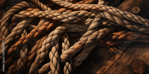 closeup of intricate knots and ropes on a wooden sailing ship, tactile textures