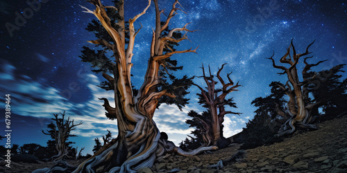 ancient bristlecone pine forest at night, Milky Way backdrop, luminous stars, spotlight on the gnarled trunks