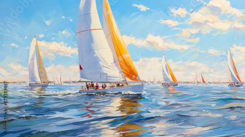  Impressionist painting, vibrant sailboats racing on a sunny afternoon, water reflecting the clear blue sky, strong winds, playful waves © Gia