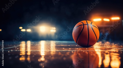 Basketball on court floor, close up with blurred arena in background © brillianata