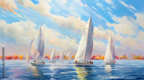  Impressionist painting, vibrant sailboats racing on a sunny afternoon, water reflecting the clear blue sky, strong winds, playful waves