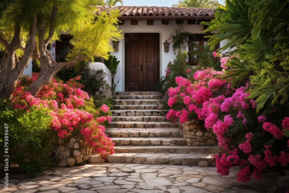 Wooden double-leaf entrance door in a cozy eco-friendly house, stone steps and many beautiful flowers at the entrance