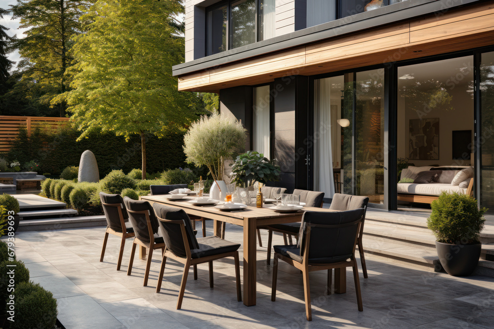 Fototapeta premium A modern, luxurious house exterior with a dining area and well-tended garden, showcasing contemporary architecture and outdoor living spaces. Generative Ai.