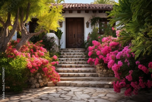 Wooden double-leaf entrance door in a cozy eco-friendly house  stone steps and many beautiful flowers at the entrance