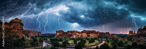 Panoramic view of a lightning storm over a canyon, dramatic sky, electrifying atmosphere, time-lapse photo composite, bold contrast