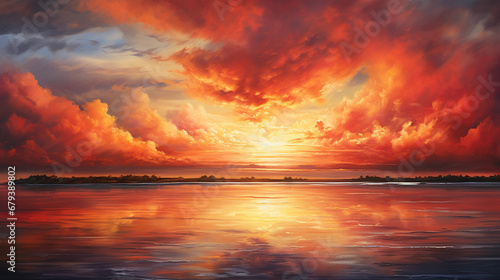 Surrealistic painting of a crimson sunset over a lake, swirling clouds morphing into firebirds, reflections in the still water, vivid colors, intense contrast, ethereal atmosphere © Gia