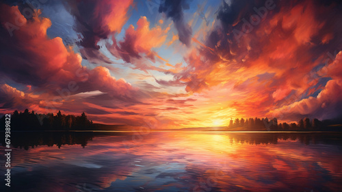 Surrealistic painting of a crimson sunset over a lake, swirling clouds morphing into firebirds, reflections in the still water, vivid colors, intense contrast, ethereal atmosphere